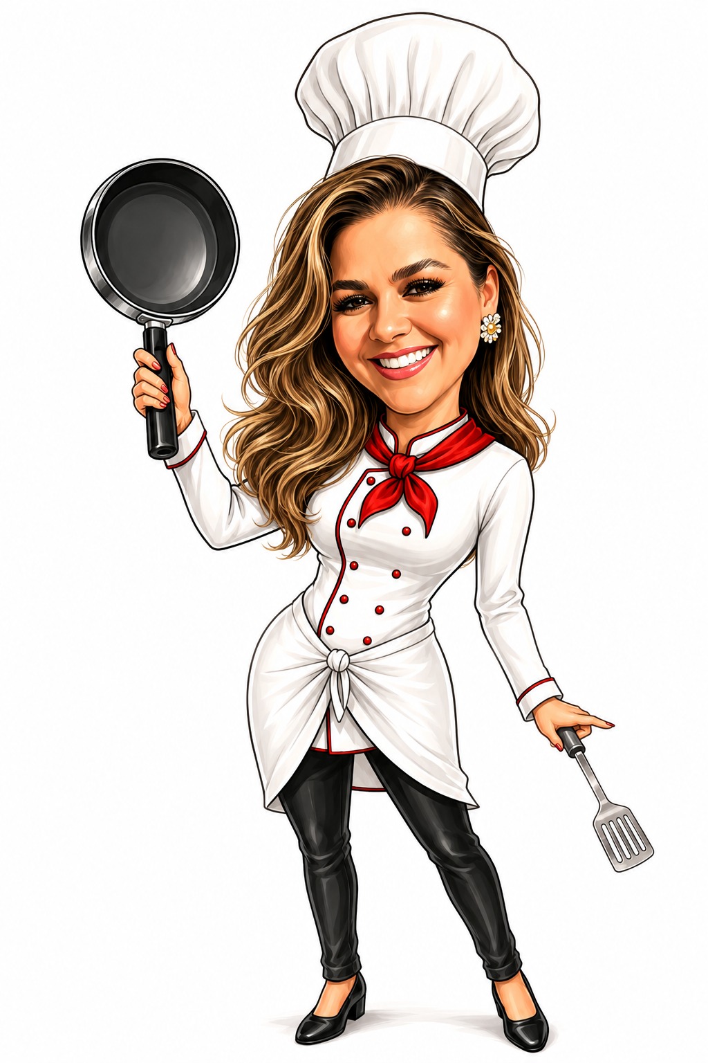 Ilustração da Renata sorrindo com chapéu de chef e rolo de massa